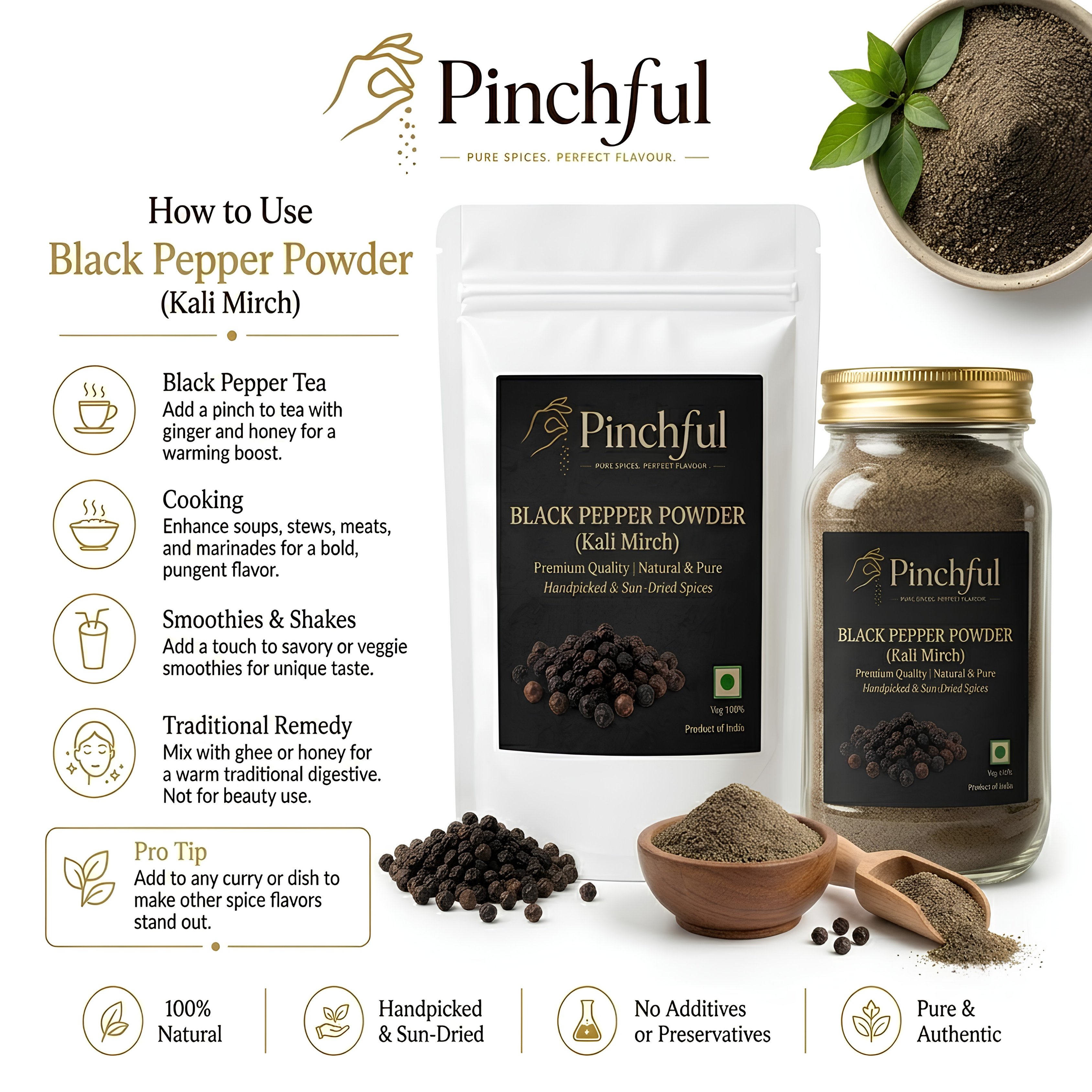 Pinchful Premium Black Pepper Powder (Kali Mirch) | Natural & Pure | Handpicked & Sun-Dried