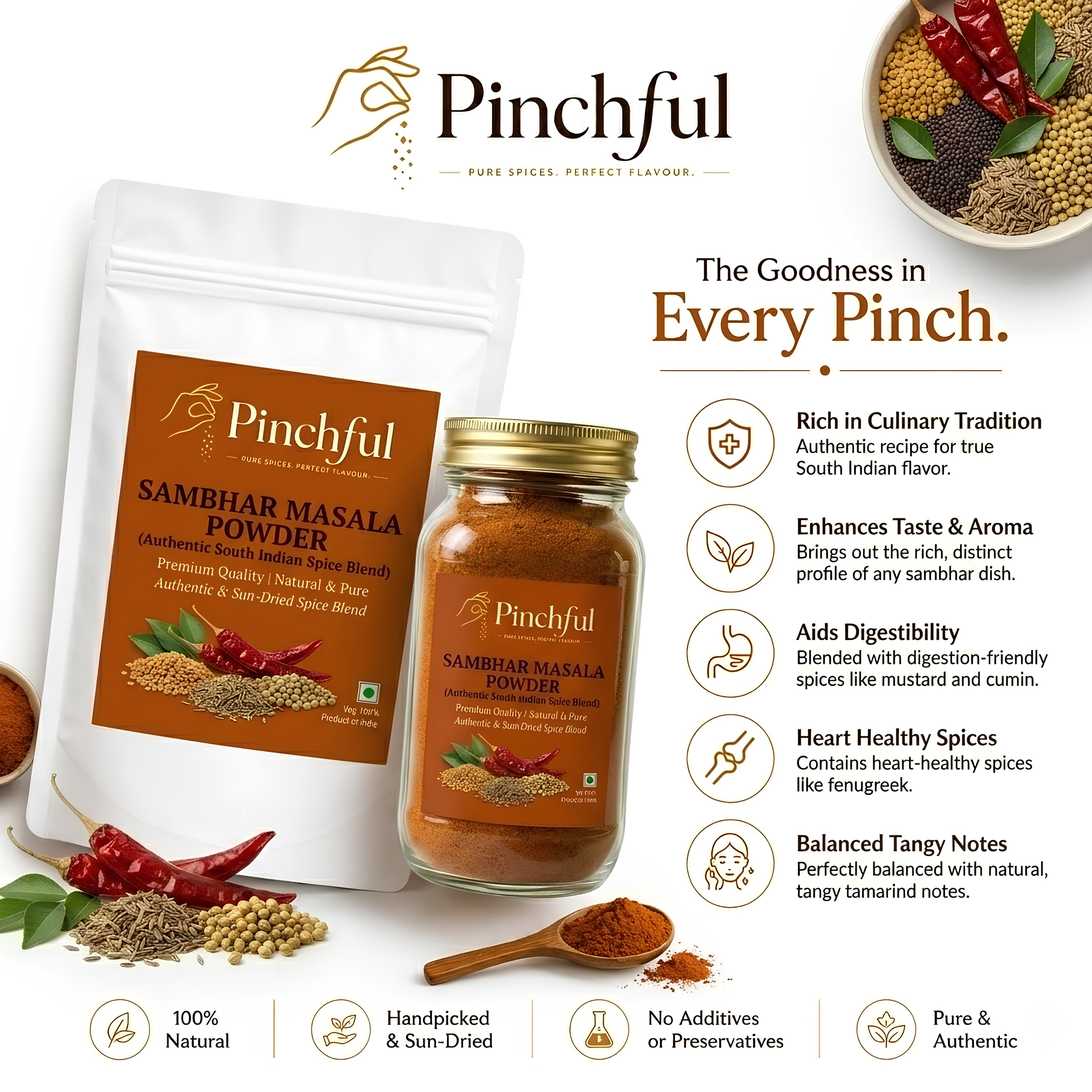 Pinchful Premium Sambar Masala Powder | Authentic South Indian Spice Blend | Rich & Aromatic
