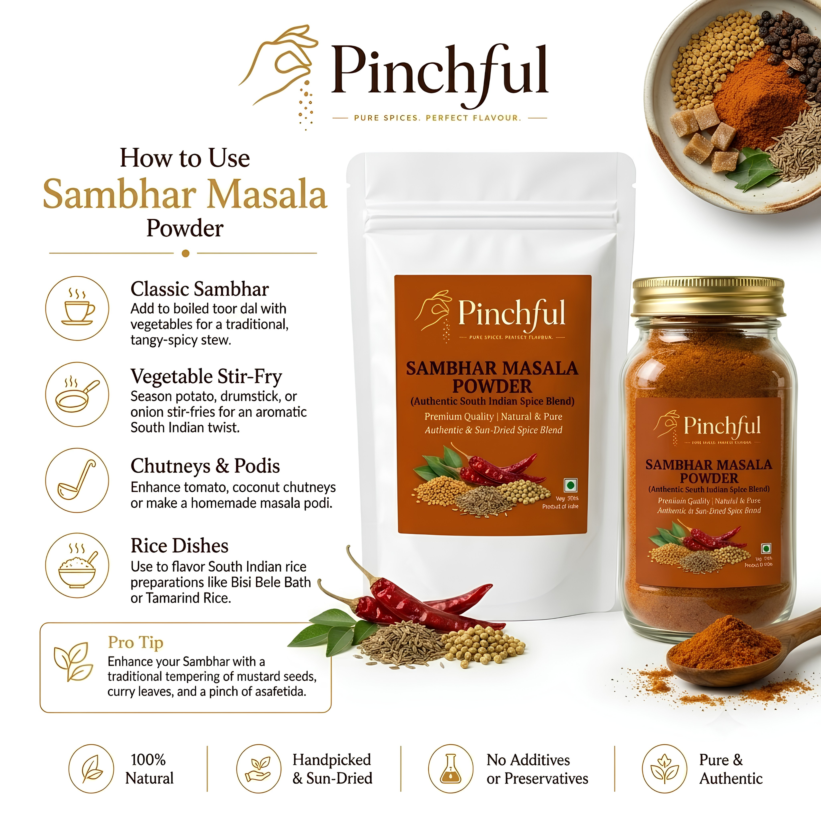 Pinchful Premium Sambar Masala Powder | Authentic South Indian Spice Blend | Rich & Aromatic